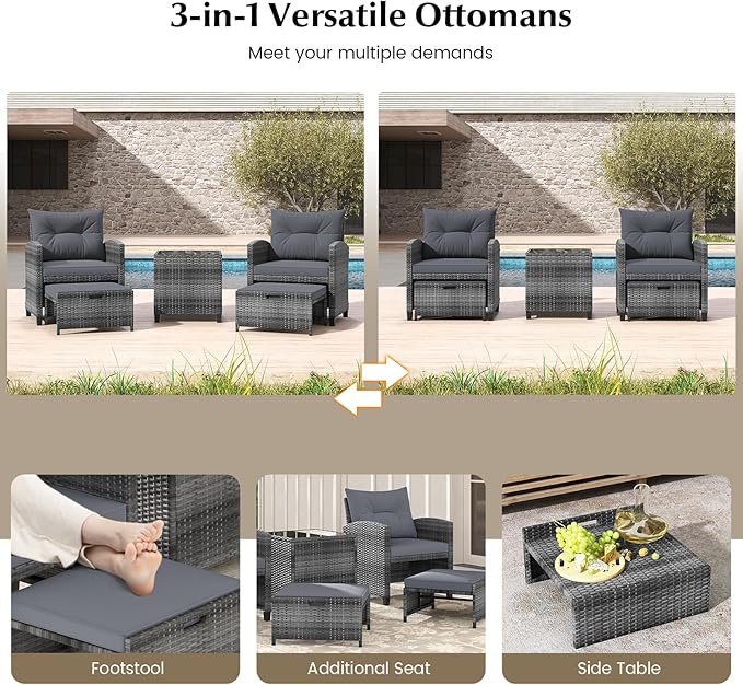 KOTEK 5 Pieces Patio Furniture Set with Ottomans, Wicker Patio Conversation Set with Coffee Table & Cushions, PE Rattan Outdoor Lounge Chairs for Backyard, Porch, Poolside (Mix Grey- Grey)