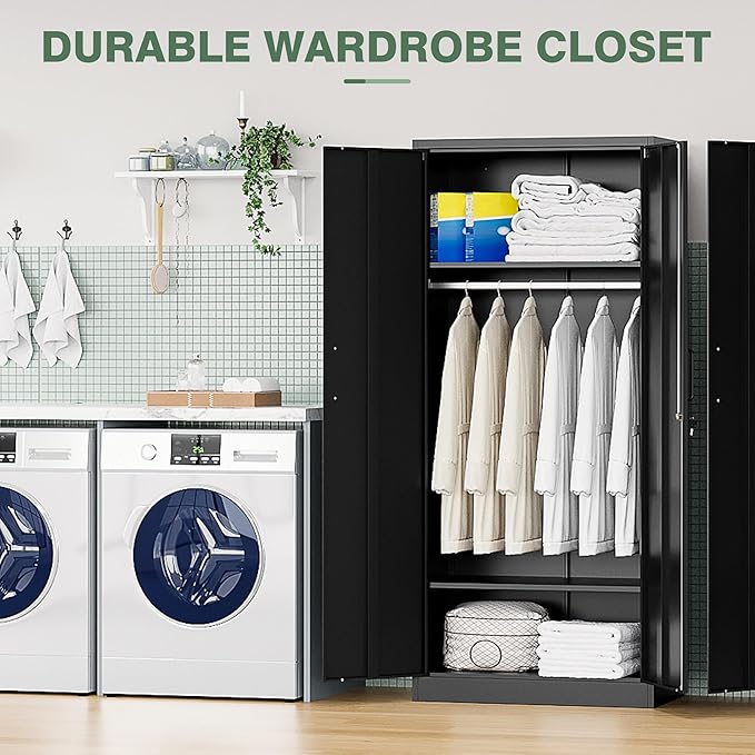 Metal Wardrobe Closet Cabinet,Armoire Wardrobe Closets Storage Cabinets with Doors and Shelves for Laundry Room,Bedroom,Home Office,Bathroom(Black)