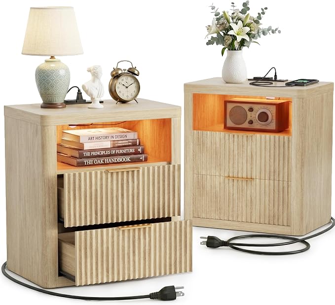 YESHOMY Fluted Nightstands Set of 2 with Charging Station,24" Night Stand with 2 Drawers and Storage Shelf,RGB LED Lighting,Arc Edge Fluted Bedside Table for Bedroom,Natural Wood by SearchallYESHOMY