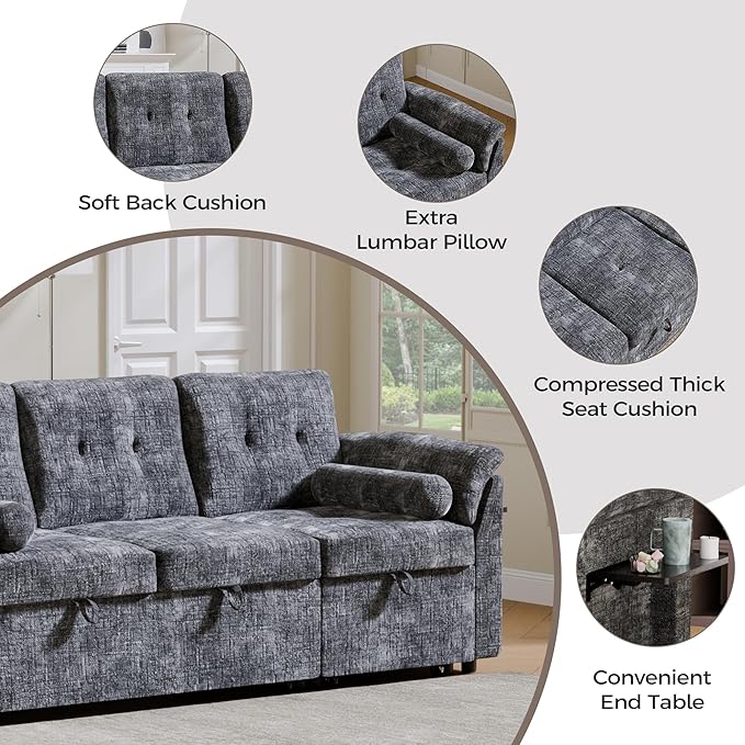 3 in 1 Convertible Sofa Bed, Chenille Pull Out Couch with Side Table, 3 Seat Pull Out Sofa Bed with Level Adjustable Backrest, Comfy Sleeper Sofas for Living Room, Apartment, Gray