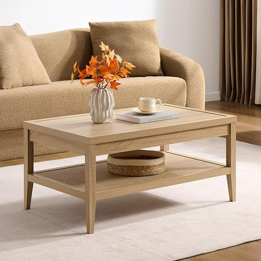 SICOTAS Rattan Coffee Table with Storage, 37.5" Large Rectangular Coffee Table with 2-Tier Shelves, Farmhouse Boho Center Table for Living Room, Office, Small Space