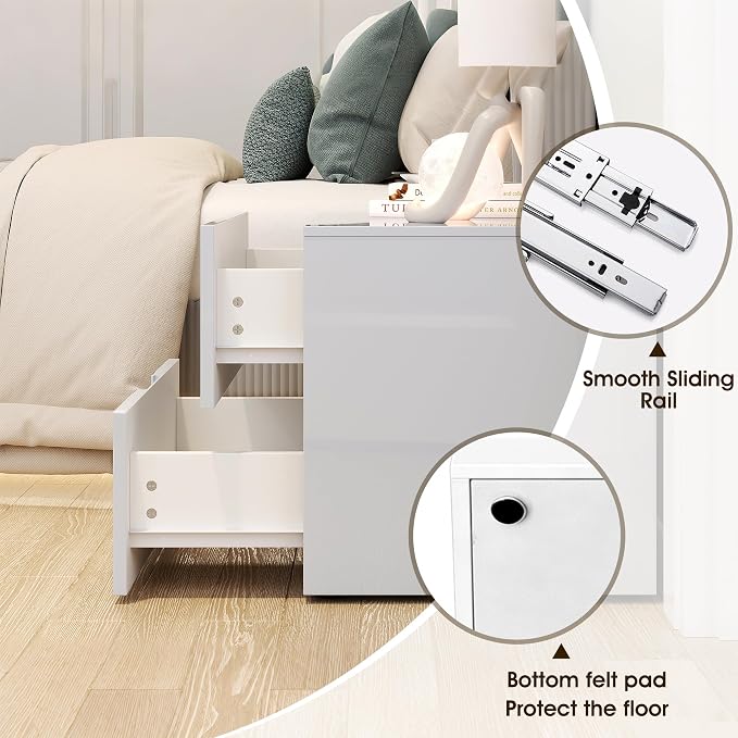 Modern Nightstand with 2 Drawers,Grey Night Stands with Circular Handle Design,Wood Bed Side Tables Bedroom,High-Gloss Side End Table for Bedroom, Living Room, and Small Spaces,Easy Assembly - Image 6