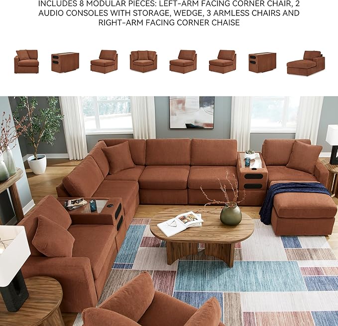Signature Design by Ashley Modern Modmax Stain Resistant U-Shape Left-Arm Facing 8-PC Sectional with Chaise and Audio Consoles, Orange