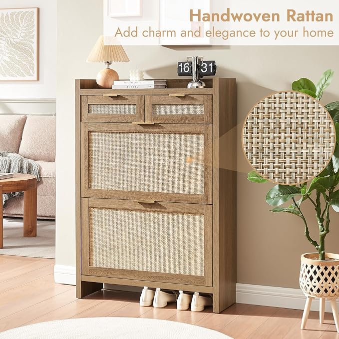 HOKYHOKY Rattan Shoe Storage Cabinet with 2 Drawers & 2 Flip Drawers – Hidden Slim Shoe Organizer for Entryway, Large Tabletop Space, Farmhouse Boho Narrow Shoe Rack, Rustic Oak - Image 3