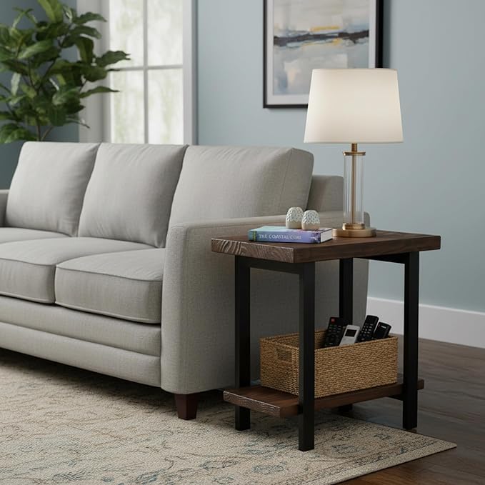 Alaterre Furniture Pomona Living Room Tables – 2-Tier Solid Wood End Table with Natural Finish and Metal Legs – Modern Farmhouse Accent or Home Décor (Rustic Brown)