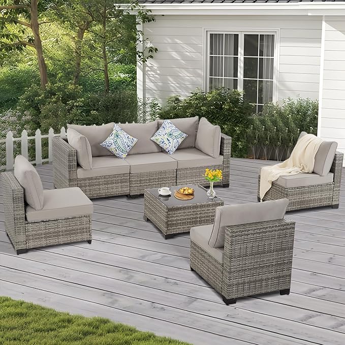 Patio Outdoor Furniture Set 7 Pieces Rattan Wicker Sectional Sofa Couch Conversation Set with Table for Deck Lawn, Light Grey Wicker/Light Grey Cushion