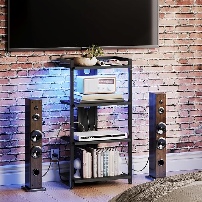 HOOBRO 4-Tier AV Media Stand with Charging Station and LED Light, Wooden Stereo Stand, Rack Audio Tower, Corner TV Stand, Entertainment Device, Black BB38UDCJ01 - Image 6