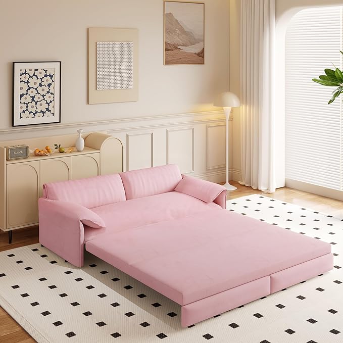 Eafurn 66" Convertible Sofa Bed Queen Size, 3-in-1 Pull Out Sleeper Couch Sofabed, Modern Velvet Loveseat Chaise Lounge w/Side Storage Pocket for Living Room Office | Removable Cushions