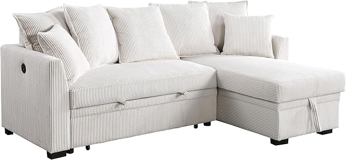 Modern Living Room Corner Convertible Sofabed Corduroy Upholstered Reversible Sleeper Sectional Sofa with 7 Pillow and USB Ports, L-Shaped Pull Out Sleep Couch Bed W/Reversible Storage Chaise Daybed