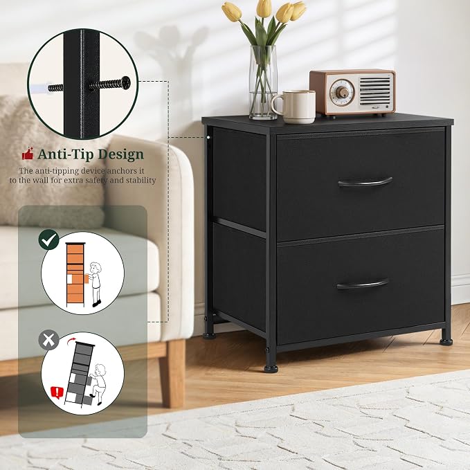 Nightstand Upgraded, Small 2 Drawer Dresser End Table Bedside Furniture, Wooden Top Fabric Bins for Bedroom, Closet, Entryway, Dorm, 11.8" D x 18" W x 20", Charcoal Black - Image 4
