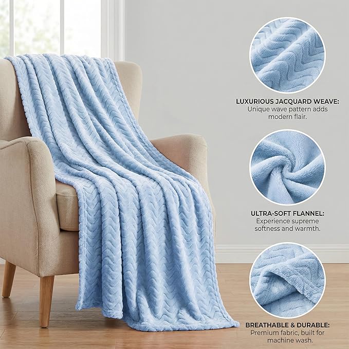 Exclusivo Mezcla Queen Blanket for Bed, Cozy Lightweight Fleece Blankets for All Season, Decorative Giftable Fuzzy Plush Wave Textured Suitable for Women, Men, Light Blue, 90x90 Inches