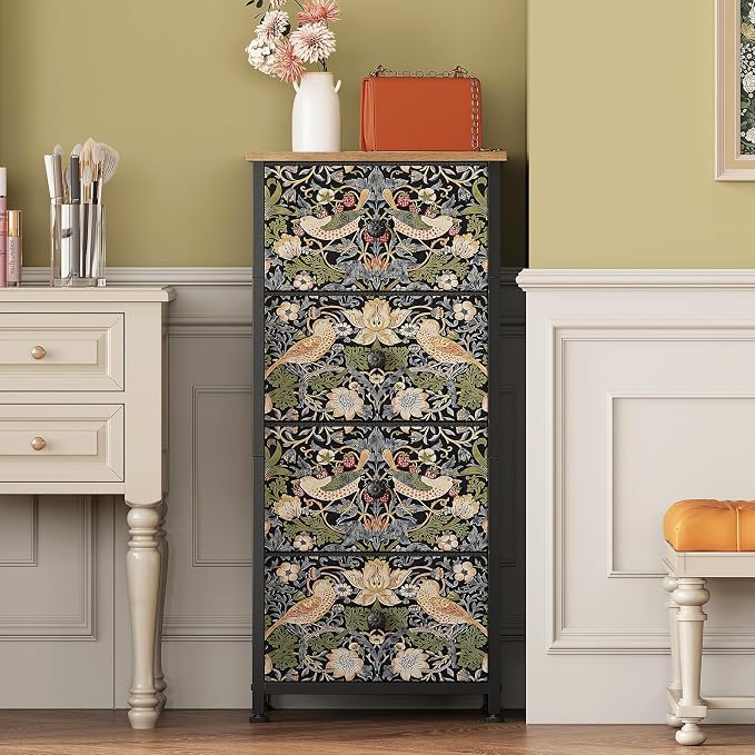 Dresser for Bedroom with 4 Drawer Strawberry Thief Dresser Vintage Storage Tower Unit Nightstand for Living Room Hallway Kids Room Closet Sturdy Steel Frame Wooden Top, Brown - Image 7