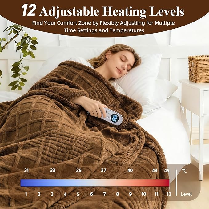 Eastsora Heated Blanket Electric,Waffle Heating Blanket with 12 Heat Levels, Fast Heating Blanket with 1-12 Timer Settings, Overheat Protection with ETL & FCC for Home Office Sofa-50"x60"