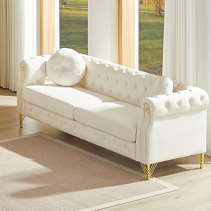 ERYE 82-Inch Button Tufted Sofa Couch with 2 Round Pillows, 3 Seat Velvet Tufted Sofa Spacious Chesterfield Loveseat Couches W/Nailhead Decor,Ring Accent & Golden Legs