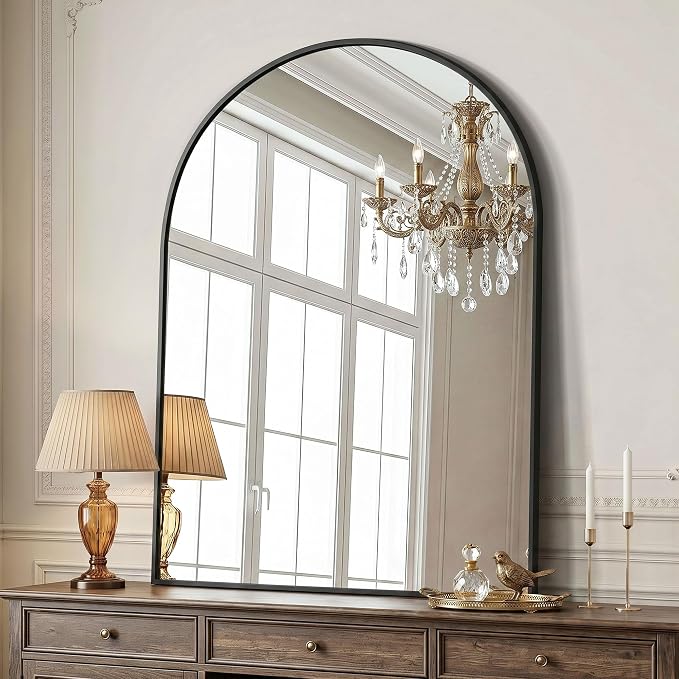 AMOISE Arched Bathroom Mirror, 40" x 30" Black Metal Frame Vanity Wall Mirror, Shatterproof Accent Mirror for Bedroom, Entryway and Living Room by AMOISE