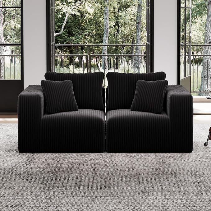Avenco 71” 2-Seater Modular Loveseat, Individually Wrapped Coil Support & Corduroy Fabric, Zero Assembly 2-Piece Set for Small Space, Black