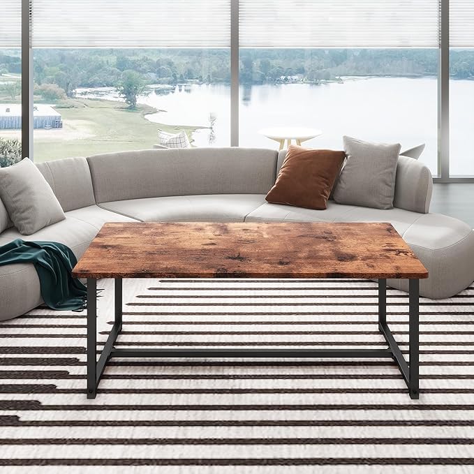 35.4" Rectangular Coffee Table for Living Room, Modern Industrial Style Coffee Table Center Table with Metal Frame for Small Space, Apartment, Office, Easy Assembly, Brown