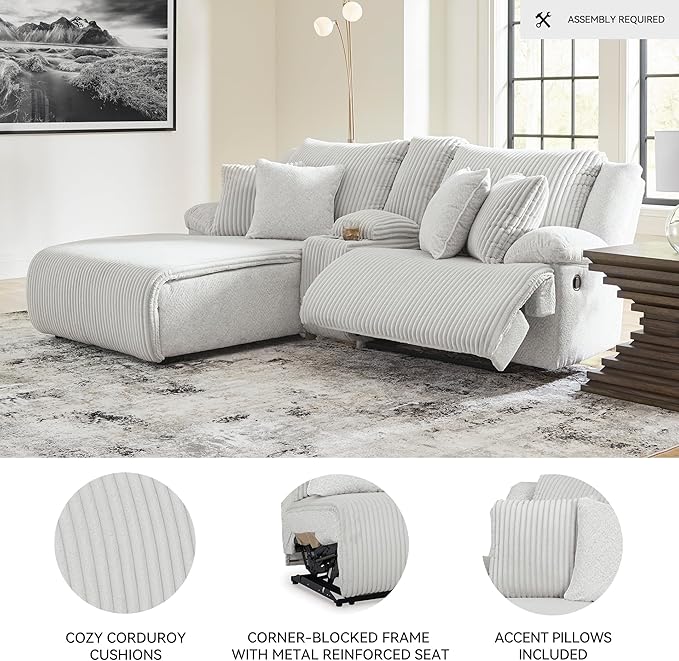 Signature Design by Ashley Top Tier Casual L-Shaped Left-Arm Facing 3-Piece Reclining Sectional Sofa with Chaise, Console Storage and 4 Accent Pillows, White