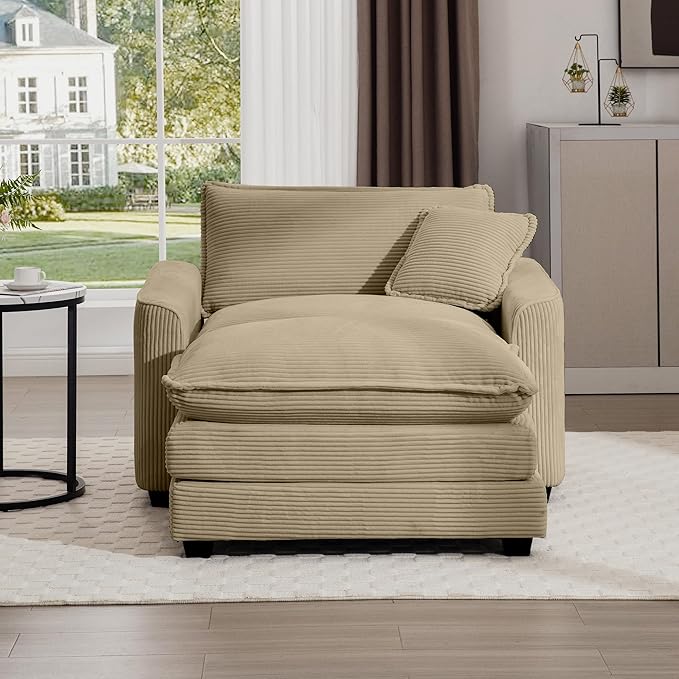 KEIKI 45" Oversized Corduroy Modular Sectional Single Sofa with 1 Ottoman, High-Density Foam Cushions, Removable Armrest, Upholstered 1-Seater Lounge Accent Chair with 1 Pillow, for Living Room, Tan