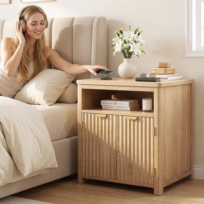 Homkdom Fluted Nightstand with Charging Stations, 23.6" Wide Natural Oak Nightstand with Storage Drawers, Side Tables, Modern Farmhouse End Tables for Bedroom, Natural Oak - Image 6