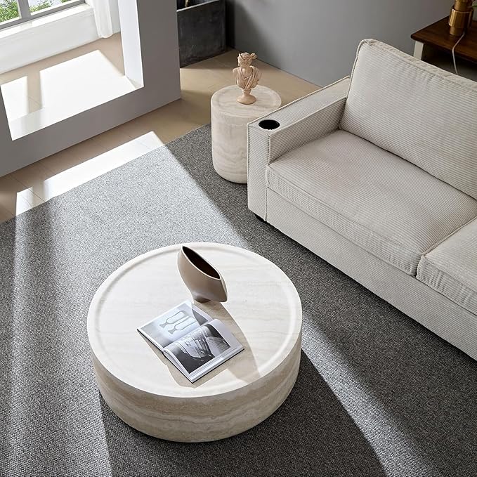 Round Coffee Table Set of 2 for Living Room Modern Drum Center Table Circle Side Tables for Apartment, No Need Assembly (Fiberglass 35.43'' &15.74'')