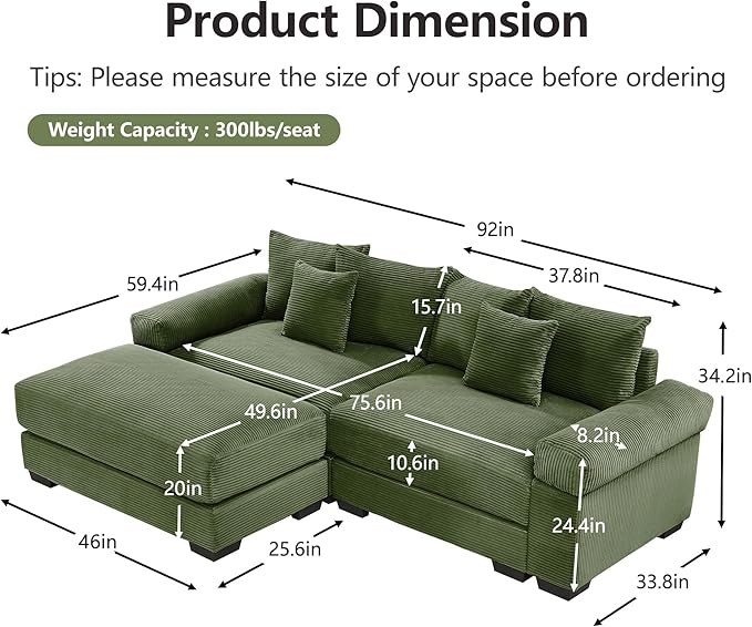 KEIKI 83" L-Shaped Oversized Corduroy Modular Sectional Loveseat Sofa with 1 Ottoman, High-Density Foam Cushion, Extra-Thick Armrest, 2-Seater Fluffy Corner Couch with 6 Pillow, for Living Room, Green