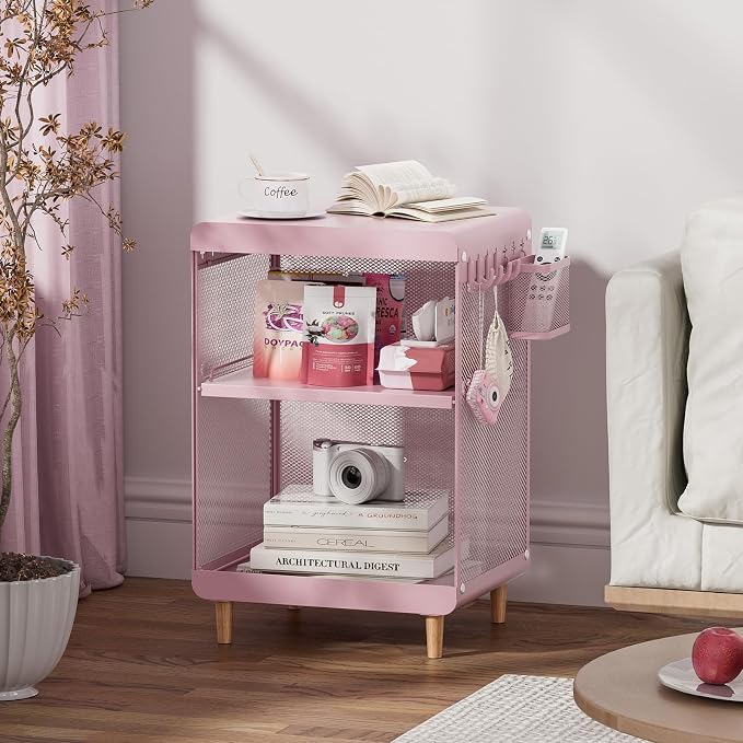 SYKIARIOL Kids Nightstand for Girls, Metal Bedside Table with 4 Hooks & Hanging Basket, 3-Tier Storage Shelf, Toddler Night Stand for Bedroom, Pink - Image 9