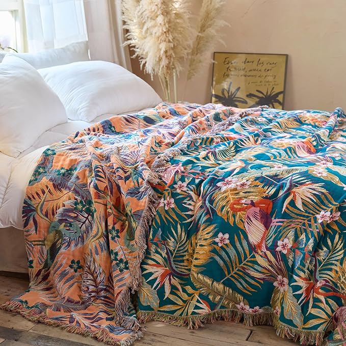 Boho Throw Blanket - 100% Cotton Ultra Soft Muslin Spring Blanket, 50"x60" Lightweight Floral Bird Framhouse Bedding Blanket for Bed, All Season Blue Bohemian Bedroom Home Decor Quilt