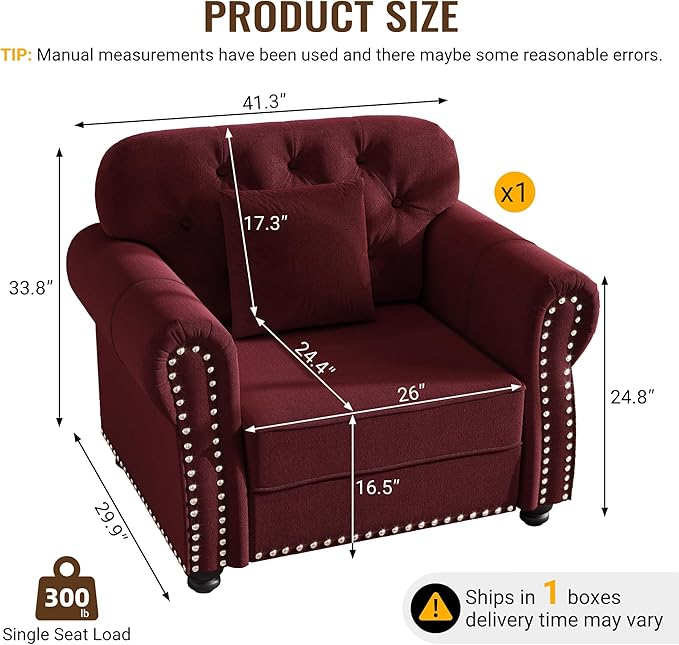 KEIKI 41" Velvet Chesterfield Sofa with Rolled Arms & Nailhead Trim, Modern Upholstered 1-Seater Button Tufted Couch with High Resilience Cushion & 1 Pillow, Easy Assembly, for Living Room, Burgundy