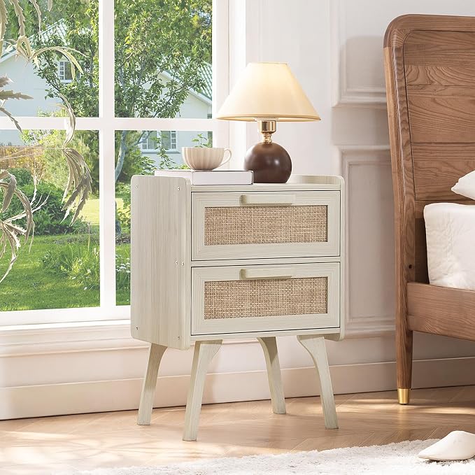 Lerliuo Rattan Night Stand, Boho 2 Drawers Nightstands, Grey White Bed Side End Tables with Solid Wood Legs, Bedside Table for Bedroom, Dorm and Small Spaces - Image 2
