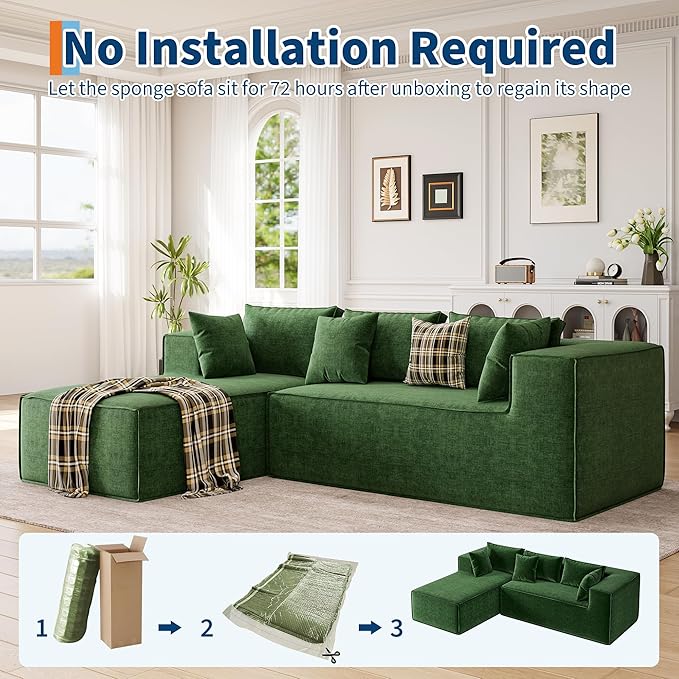 GarveeHome Modular Sectional Couches for Living Room, Cloud Sectional Couch with Deep Seat, 106.7 in Modular L-Shape Sofa with Chaise, Upholstered Couches for Bedroom, Chenille Green