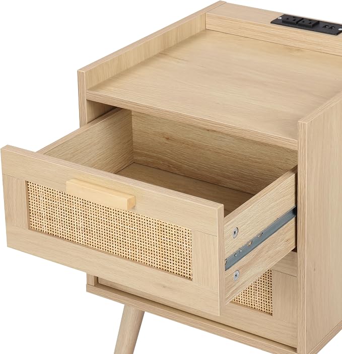 Finnhomy Nightstand with Charging Station, Bedside Table with 2 Hand Made Rattan Decorated Drawers, Night Stand with Storage for Bedroom, Natural, Set of 2 - Image 5