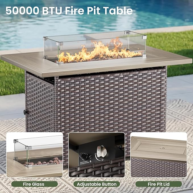 Luxury Patio Furniture Set with 6-inch Thick Cushion, Outdoor Furniture with Fire Pit Table, Swivel Chairs, Sofa, Side Table, Ottomans, 9pcs Wicker Conversation Set for Deck Yard and Poolside(Beige)