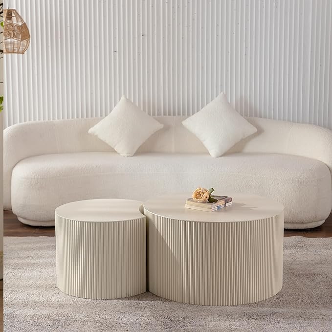 kevinplus 33.68'' Round Modern Coffee Table Set of 2 for Living Room, Wood Circle Drum Coffee Table, No Assembly, Beige