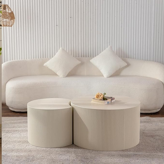 kevinplus 33.68'' Round Modern Coffee Table Set of 2 for Living Room, Wood Circle Drum Coffee Table, No Assembly, Beige