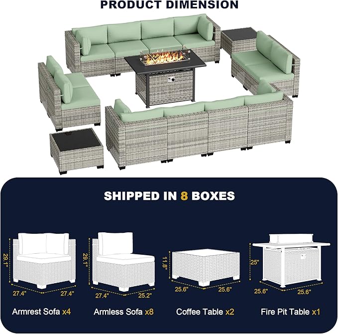 15-Piece Outdoor Patio Furniture Set with 55,000 BTU Fire Pit Table, PE Wicker Rattan Sectional Sofa Conversation Set - All-Weather Garden, Backyard Furniture, Light Green
