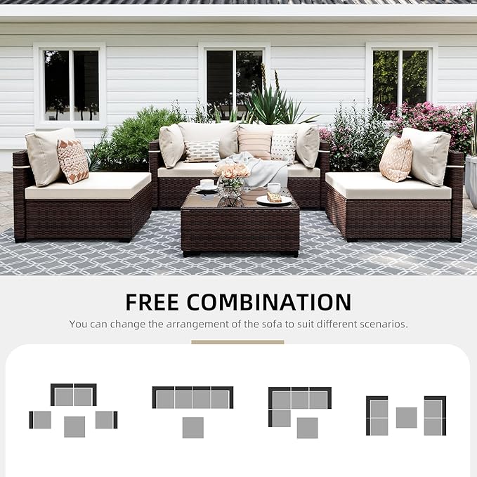 UPHA 5 Pieces Patio Furniture Sets, Wicker Outdoor Sectional Sofa Couch with Coffee Table, Patio Conversation Set for Deck Backyard Garden, Brown Rattan, White Cushion