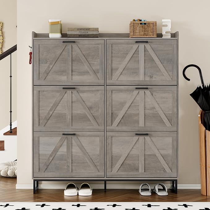 BORNOON Shoe Cabinet with 6 Flip Drawers Narrow Shoe Storage Cabinet Organizer Wooden Freestanding Shoe Rack Hidden Slim Shoes Storage Cabinet for Entryway, Hallway, Living Room, Bedroom - Image 4
