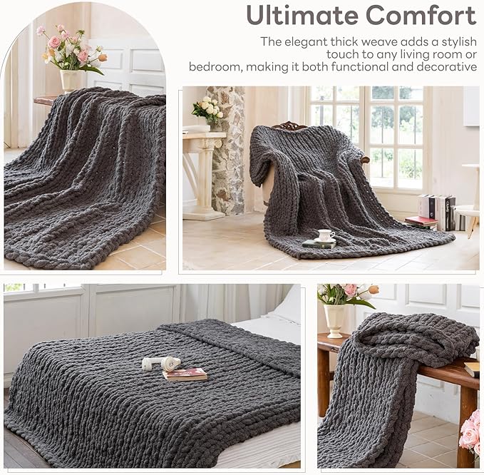 Chunky Knit Blanket - Luxury Soft Cozy 40 * 50 Throw Blanket,100% Woven Blanket Rope Knot Throw Blanket for Couch, Sofa, Home Decor, Gift - Machine Washable (Black Gray, 40 * 50)