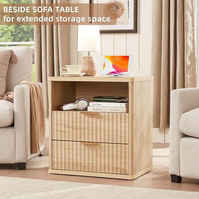 LEYAOYAO Fluted Farmhouse Nightstand Set of 2 with Charging Station, 23" Wide 2 Drawers End Table,Natural Dresser for Bedroom,Bed Side Table Chest of Drawers Cabinet,Wood Night Stand for Living Room - Image 6