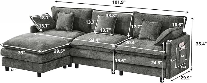 102" Modular Sectional Sofa, Premium Chenille Cloud Couch with Reversible Ottoman, L-Shaped Oversized Sofa with Side Storage Pockets for Multi-Scene Living Room & Home Office