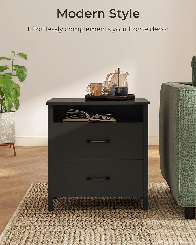 Farmhouse Nightstand, Rustic Nightstand with 2 Large Drawers, Wood End Table with Open Shelf, Bedside Table for Bedroom, Black - Image 6