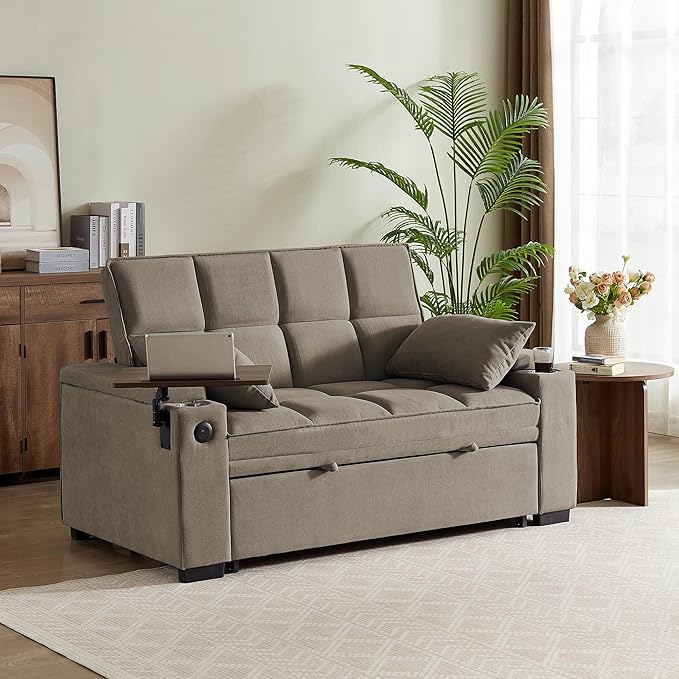 Eafurn Convertible Sleeper Sofa Bed with 360° Swivel Table & USB Ports, Tufted Chenille Loveseat Pull-Out Couch with Storage Armrest & Cup Holders, 6-Level Adjustable Backrest