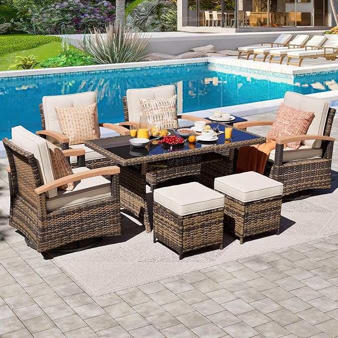 MEISSALIVVE 8 Pieces Patio Furniture Sets, PE Wicker Outdoor Conversation Sets with 2 Wood Armrests Swivel Rocker Chairs, 2 Fixed Single Chairs, 2 Ottomans and Dining Table(Beige)