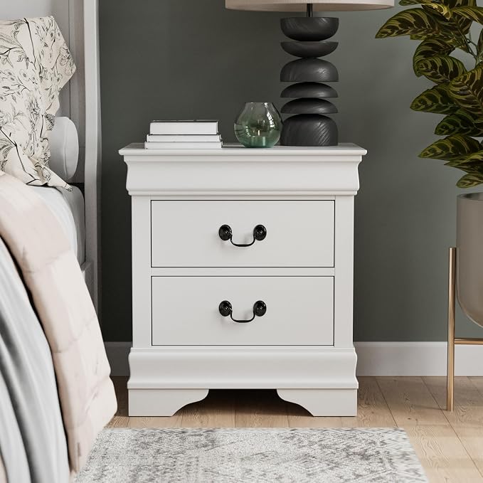 Furniture of America Arabella Traditional Solid Wood Nightstand with Drawers and Antique Nickle Handles, Small Bedside Table, No Assembly Wooden Night Stand for Bedroom, Guest Room, Dorm, White - Image 2