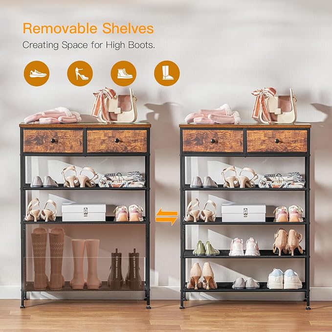 usikey Shoe Rack, 5 Tier Shoe Storage Organizer with 2 Drawers, Metal Shoe Shelf for 12-16 Pairs of Shoes, with 4 Oxford Fabric Shelves and Wooden Top, Shoe Stand for Closet Entryway, Rustic Brown - Image 5