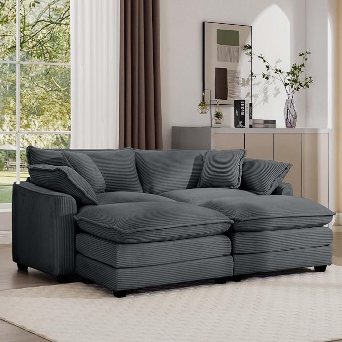 KEIKI 80" Oversized Corduroy Modular Sectional Loveseat Sofa with 2 Ottoman, High-Density Foam Cushions, Removable Armrests, Upholstered 2-Seater Corner Couch with 4 Pillow, for Living Room, Grey