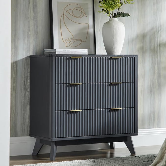 T4TREAM Fluted 3 Drawer Dresser, 32" Tall Modern Chest of Drawers with Faux Marble Top, Curved Profile Design, Wood Drawer Organizer for Bedroom, Living Room, Hallway, Entryway, Dark Grey by T4TREAMFurniture