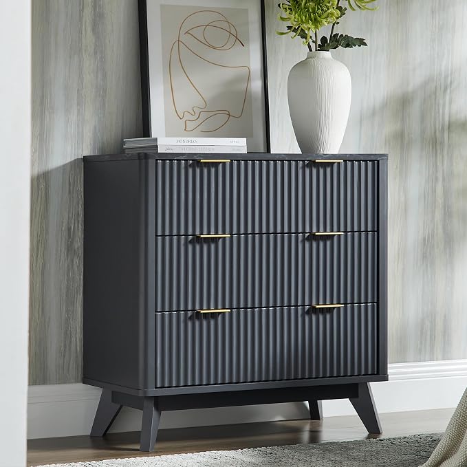 T4TREAM Fluted 3 Drawers Nightstand, Oversized Extra Large Modern Side Table with Faux Marble Top, End Table Bedside for Bedroom, Living Room, Curved Profile Design, Dark Grey - Image 3