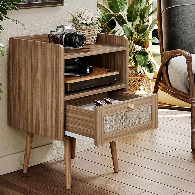 MECHYIN Night Stand Set 2, Nightstands Set of 2 with Charging Station, Rattan Side Tables with Solid Wood Legs, Boho Bedside End Table for Apartment Bedroom Dorm Small Space - Image 5